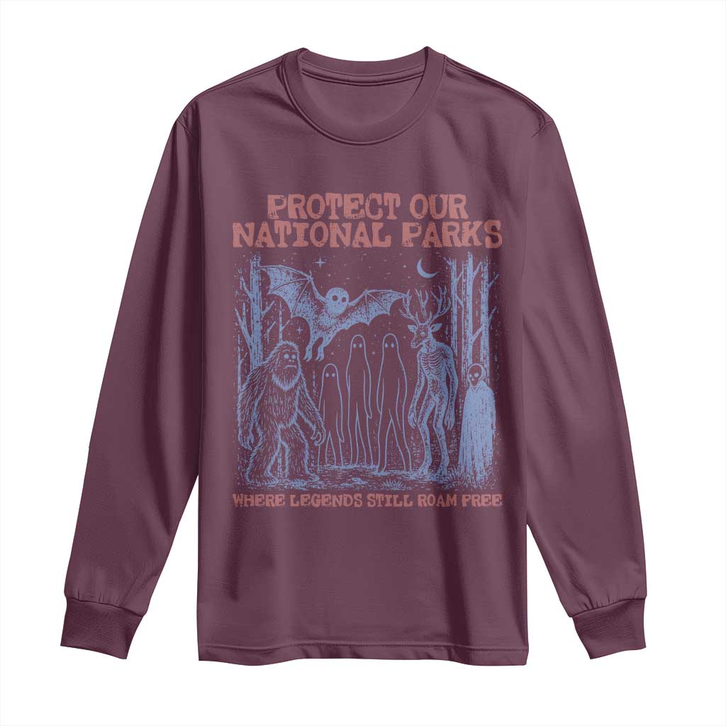 Protect Our National Parks Funny Cryptid Society Vintage Graphic Long Sleeve Shirt Bigfoot Mothman Wendigo Where Legends Still Roam Free