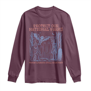 Protect Our National Parks Funny Cryptid Society Vintage Graphic Long Sleeve Shirt Bigfoot Mothman Wendigo Where Legends Still Roam Free