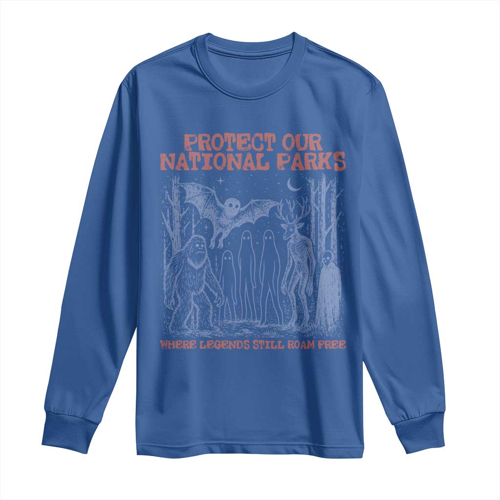 Protect Our National Parks Funny Cryptid Society Vintage Graphic Long Sleeve Shirt Bigfoot Mothman Wendigo Where Legends Still Roam Free