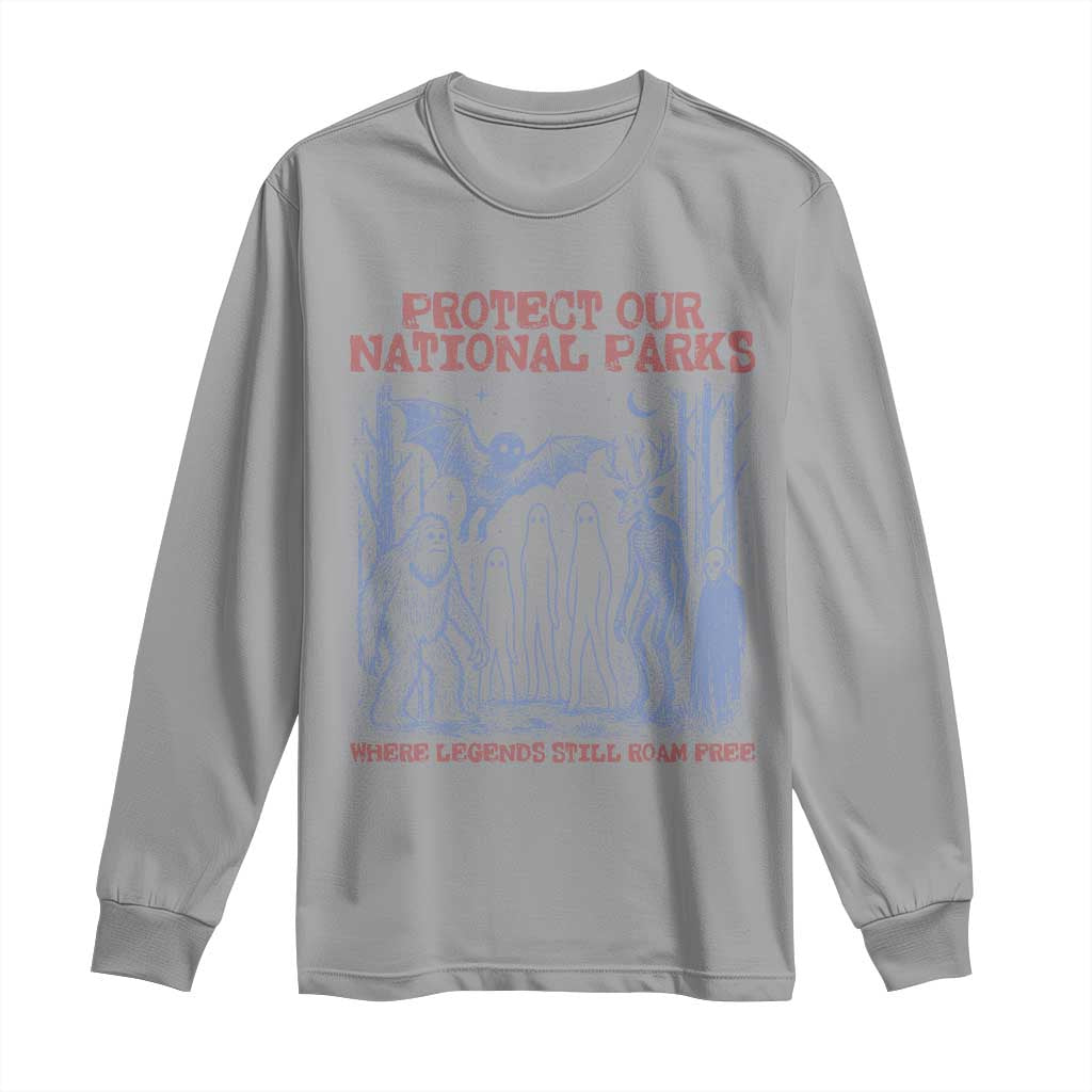 Protect Our National Parks Funny Cryptid Society Vintage Graphic Long Sleeve Shirt Bigfoot Mothman Wendigo Where Legends Still Roam Free