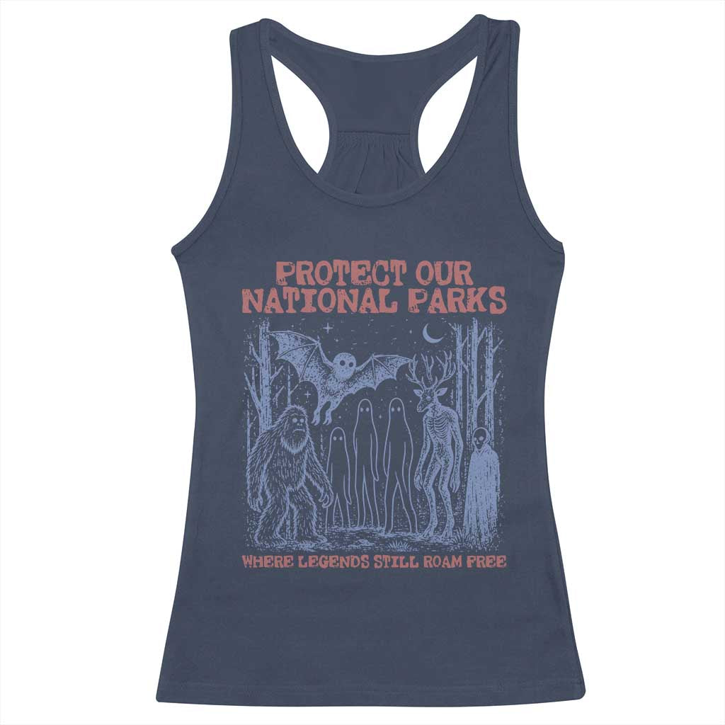 Protect Our National Parks Funny Cryptid Society Vintage Graphic Racerback Tank Top Bigfoot Mothman Wendigo Where Legends Still Roam Free