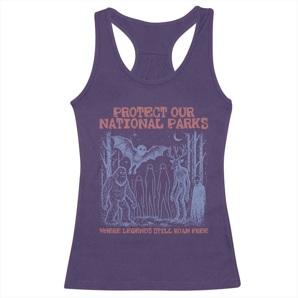 Protect Our National Parks Funny Cryptid Society Vintage Graphic Racerback Tank Top Bigfoot Mothman Wendigo Where Legends Still Roam Free