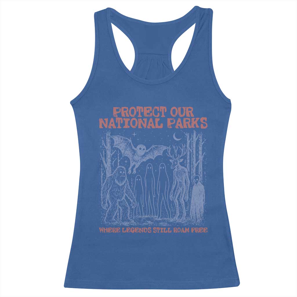 Protect Our National Parks Funny Cryptid Society Vintage Graphic Racerback Tank Top Bigfoot Mothman Wendigo Where Legends Still Roam Free