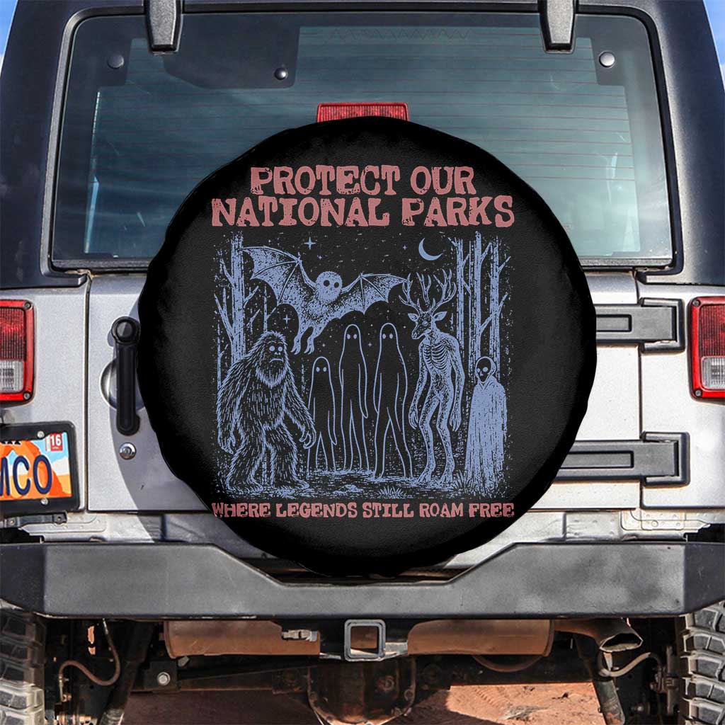 Protect Our National Parks Funny Cryptid Society Vintage Graphic Spare Tire Cover Bigfoot Mothman Wendigo Where Legends Still Roam Free