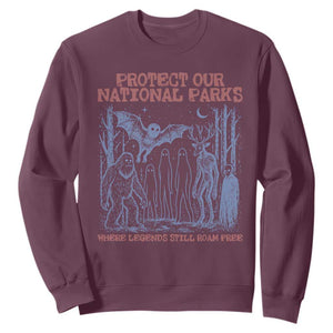 Protect Our National Parks Funny Cryptid Society Vintage Graphic Sweatshirt Bigfoot Mothman Wendigo Where Legends Still Roam Free
