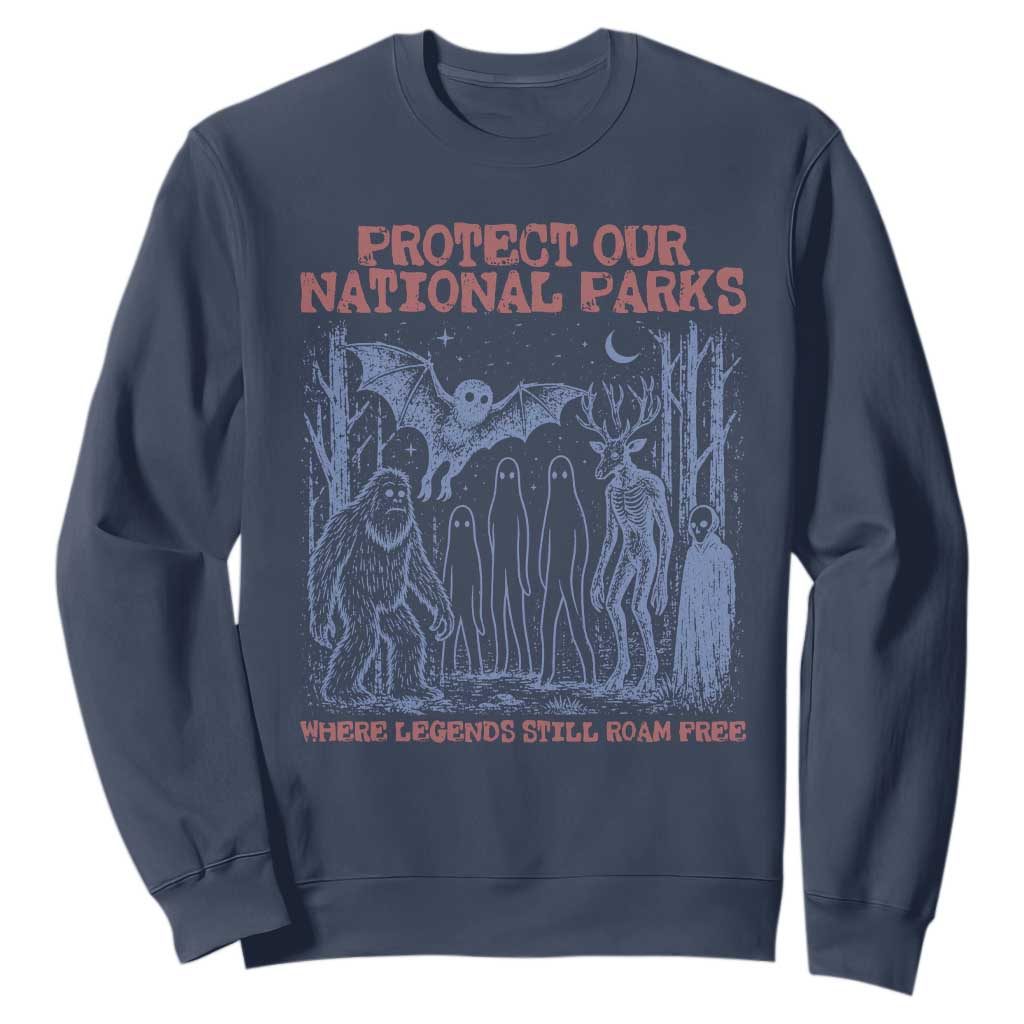 Protect Our National Parks Funny Cryptid Society Vintage Graphic Sweatshirt Bigfoot Mothman Wendigo Where Legends Still Roam Free