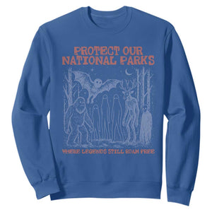 Protect Our National Parks Funny Cryptid Society Vintage Graphic Sweatshirt Bigfoot Mothman Wendigo Where Legends Still Roam Free