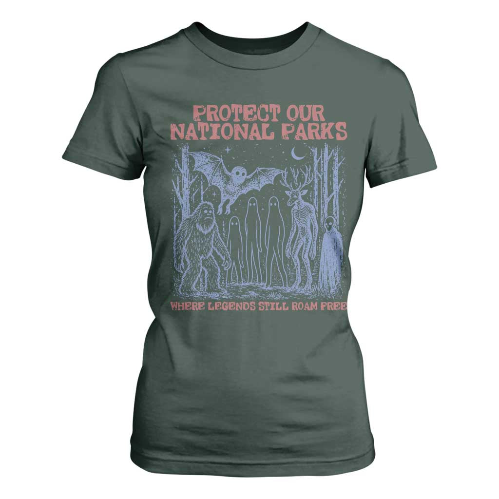Protect Our National Parks Funny Cryptid Society Vintage Graphic T Shirt For Women Bigfoot Mothman Wendigo Where Legends Still Roam Free