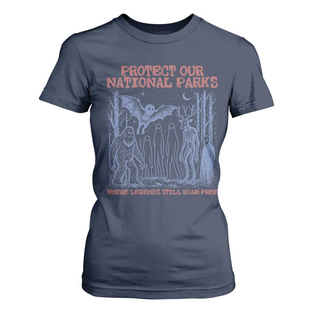 Protect Our National Parks Funny Cryptid Society Vintage Graphic T Shirt For Women Bigfoot Mothman Wendigo Where Legends Still Roam Free