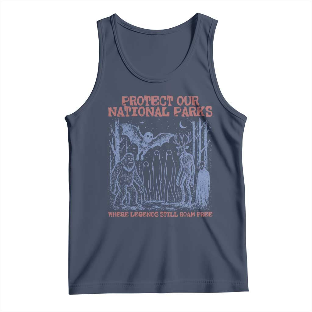 Protect Our National Parks Funny Cryptid Society Vintage Graphic Tank Top Bigfoot Mothman Wendigo Where Legends Still Roam Free