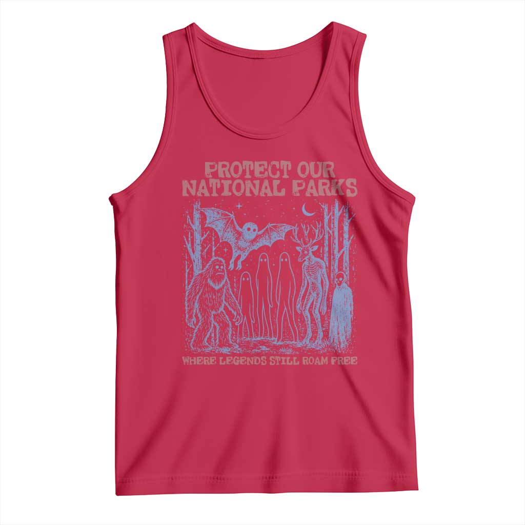 Protect Our National Parks Funny Cryptid Society Vintage Graphic Tank Top Bigfoot Mothman Wendigo Where Legends Still Roam Free