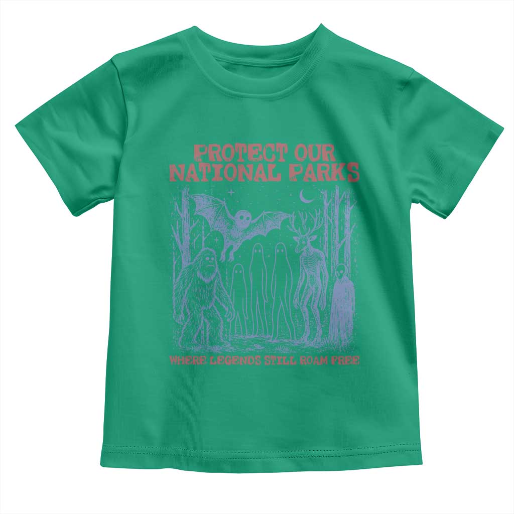 Protect Our National Parks Funny Cryptid Society Vintage Graphic Toddler T Shirt Bigfoot Mothman Wendigo Where Legends Still Roam Free