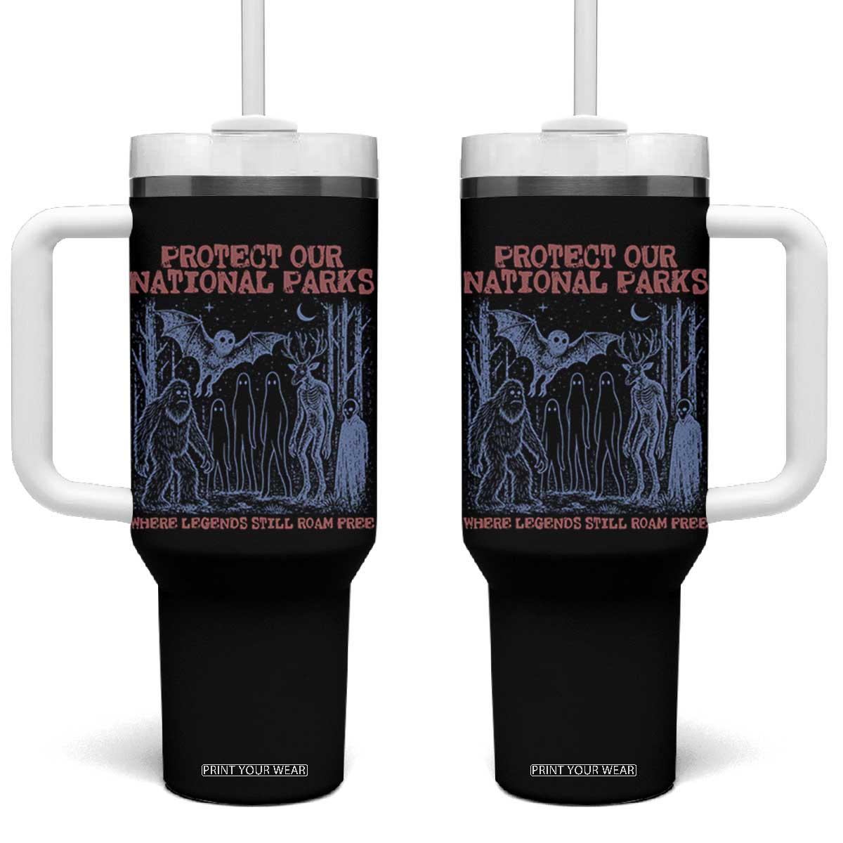Protect Our National Parks Funny Cryptid Society Vintage Graphic Tumbler With Handle Bigfoot Mothman Wendigo Where Legends Still Roam Free