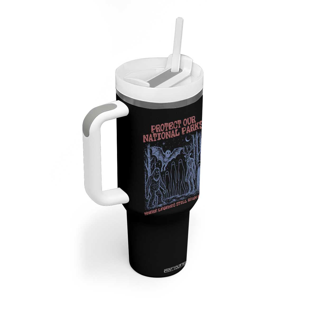 Protect Our National Parks Funny Cryptid Society Vintage Graphic Tumbler With Handle Bigfoot Mothman Wendigo Where Legends Still Roam Free