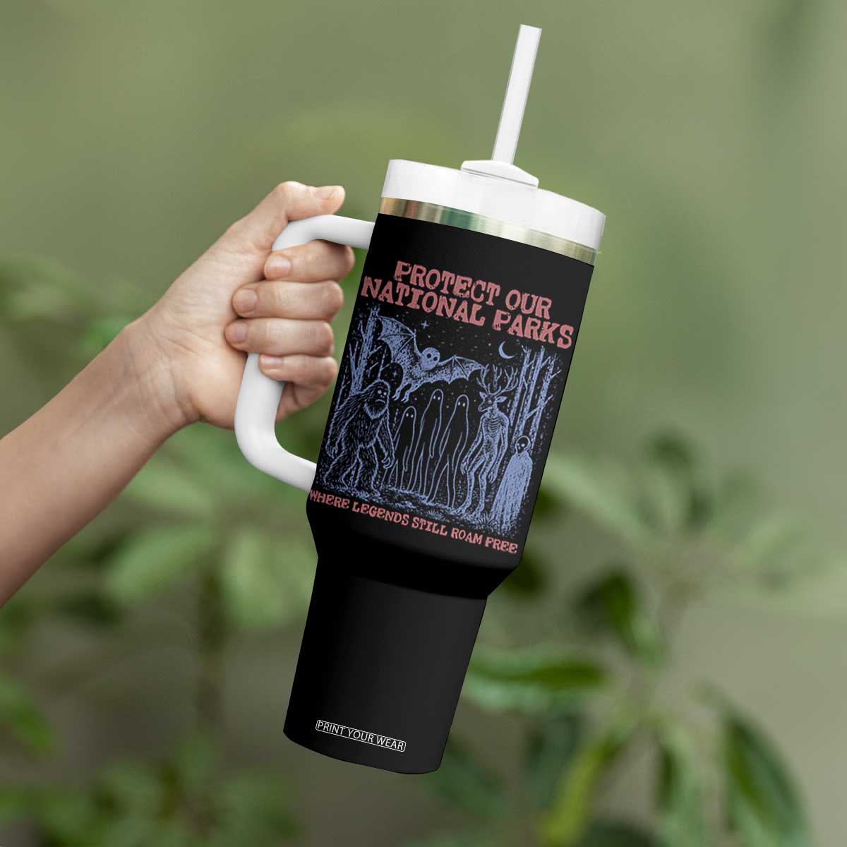 Protect Our National Parks Funny Cryptid Society Vintage Graphic Tumbler With Handle Bigfoot Mothman Wendigo Where Legends Still Roam Free