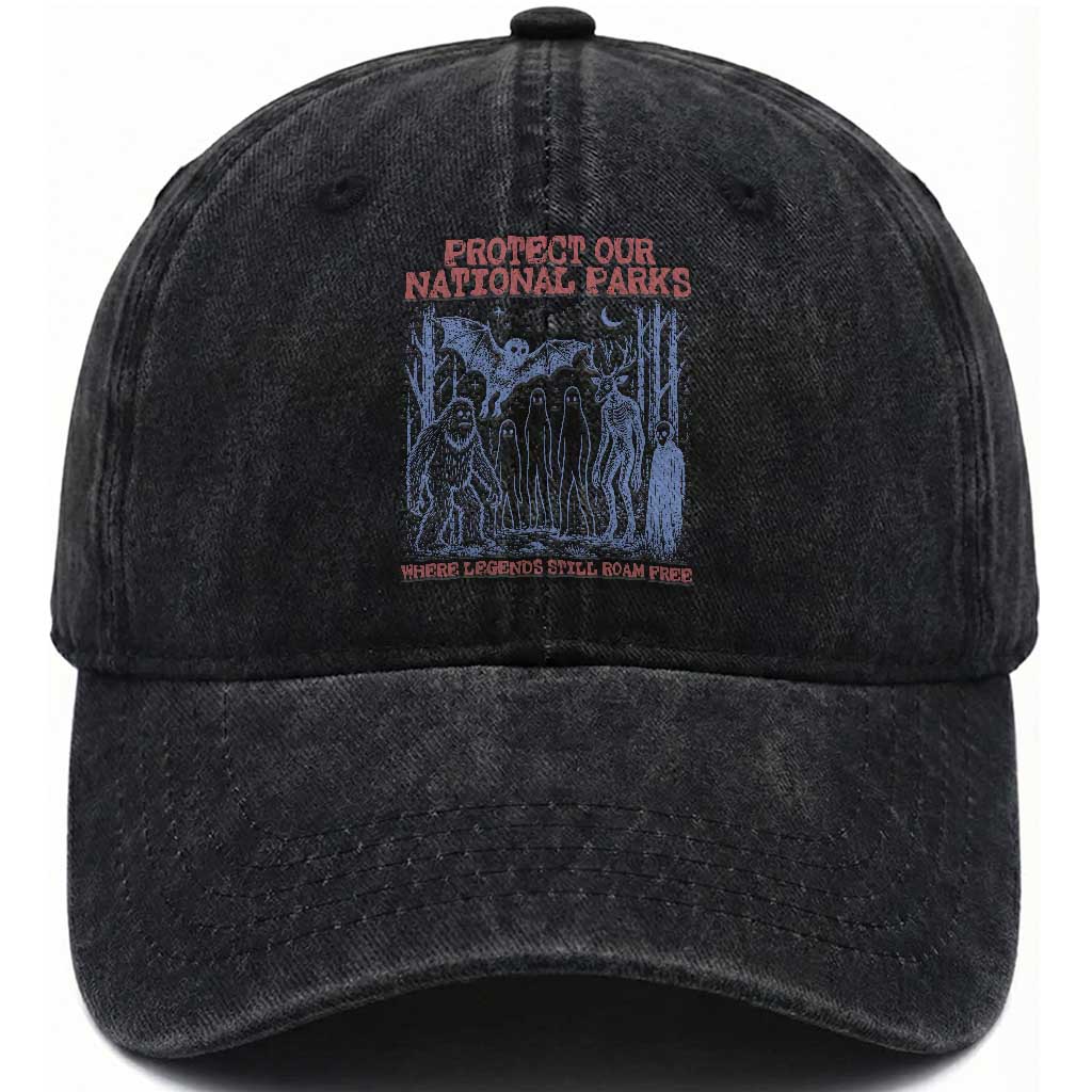 Protect Our National Parks Funny Cryptid Society Vintage Graphic Washed Cotton Baseball Cap Bigfoot Mothman Wendigo Where Legends Still Roam Free TS02 Print Your Wear