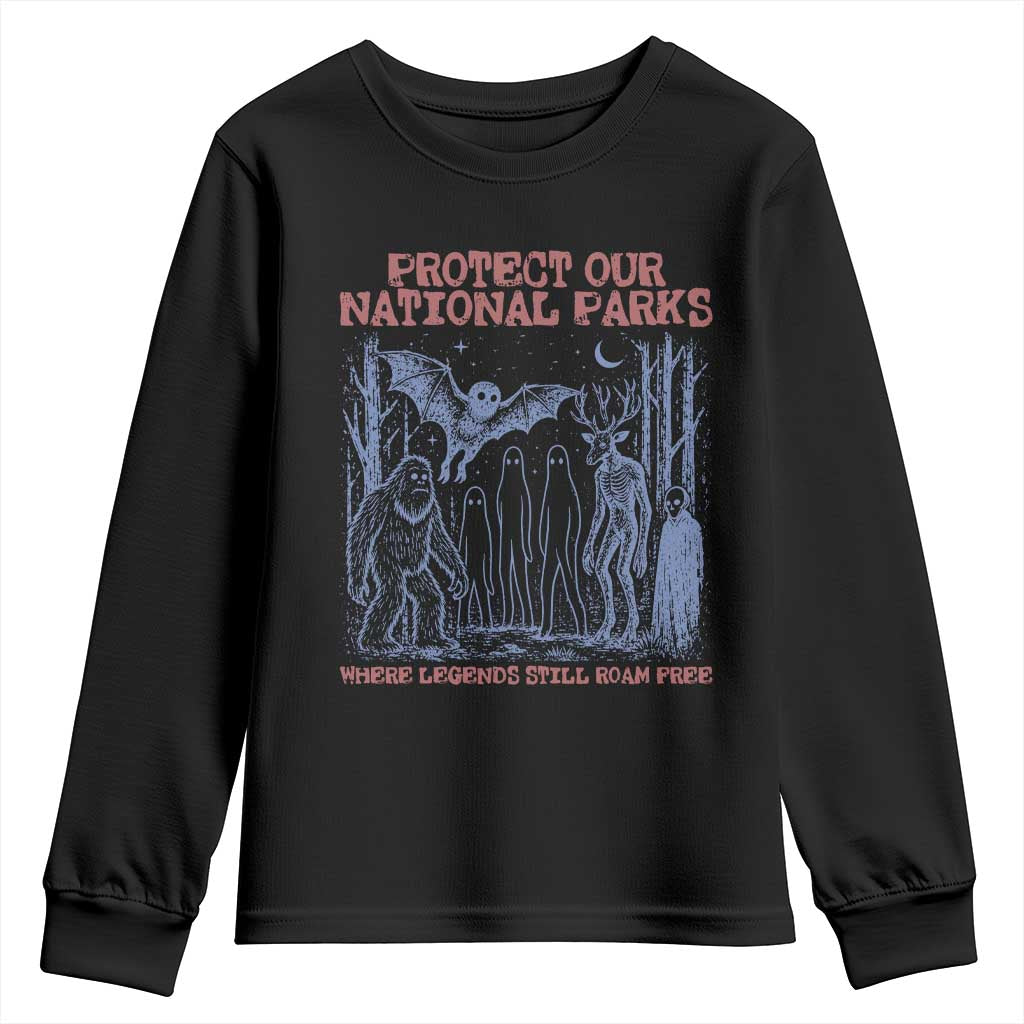 Protect Our National Parks Funny Cryptid Society Vintage Graphic Youth Sweatshirt Bigfoot Mothman Wendigo Where Legends Still Roam Free TS02 Black Print Your Wear