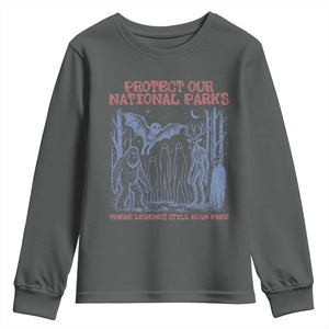 Protect Our National Parks Funny Cryptid Society Vintage Graphic Youth Sweatshirt Bigfoot Mothman Wendigo Where Legends Still Roam Free