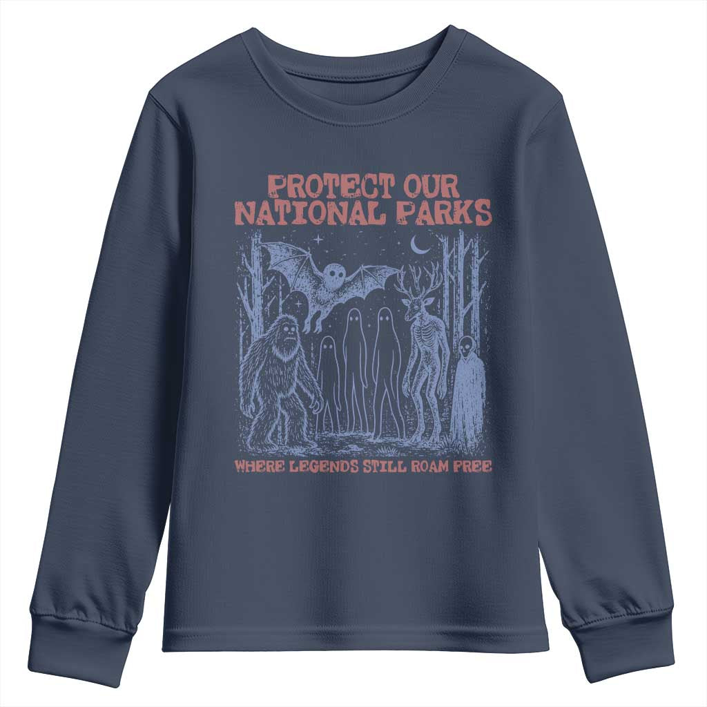 Protect Our National Parks Funny Cryptid Society Vintage Graphic Youth Sweatshirt Bigfoot Mothman Wendigo Where Legends Still Roam Free