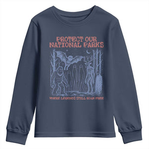 Protect Our National Parks Funny Cryptid Society Vintage Graphic Youth Sweatshirt Bigfoot Mothman Wendigo Where Legends Still Roam Free