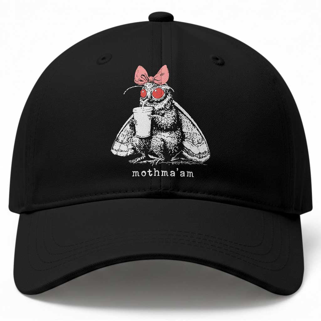 Mothma'am Pink Bow Cryptid Spooky Baseball Cap Funny Cute Coquette Mothman Legend Graphic TS02 Print Your Wear