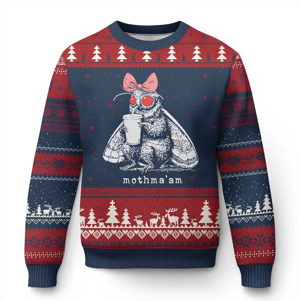 Mothma'am Pink Bow Cryptid Spooky Ugly Christmas Sweater Funny Cute Coquette Mothman Legend Graphic TS02 Navy Red Print Your Wear