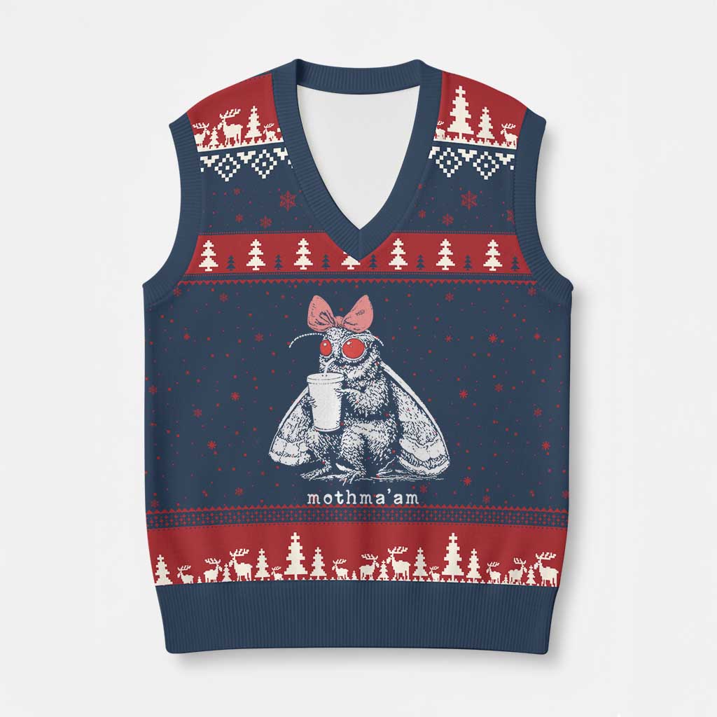 Mothma'am Pink Bow Cryptid Spooky V-Neck Knit Sweater Vest Funny Cute Coquette Mothman Legend Graphic