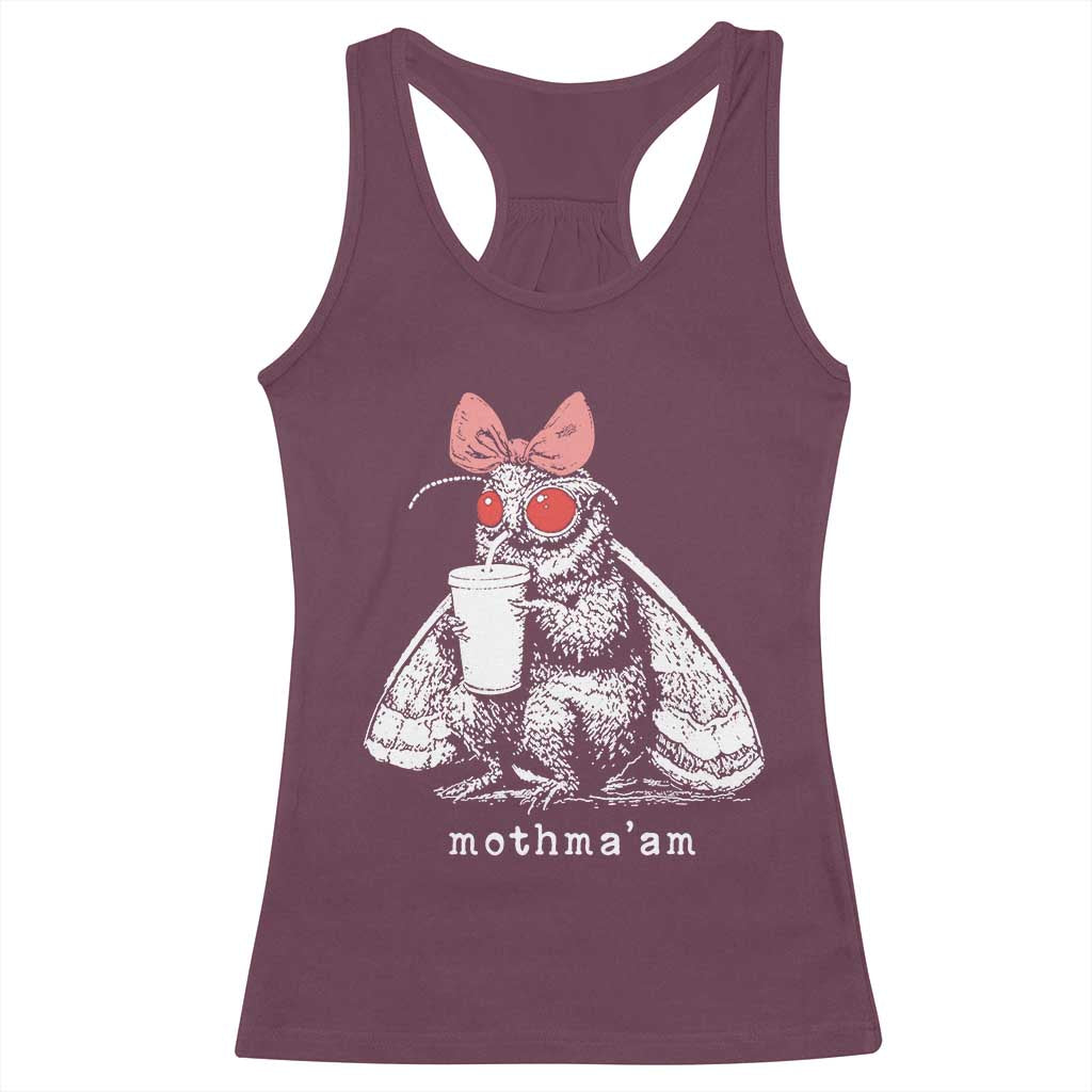 Mothma'am Pink Bow Cryptid Spooky Racerback Tank Top Funny Cute Coquette Mothman Legend Graphic