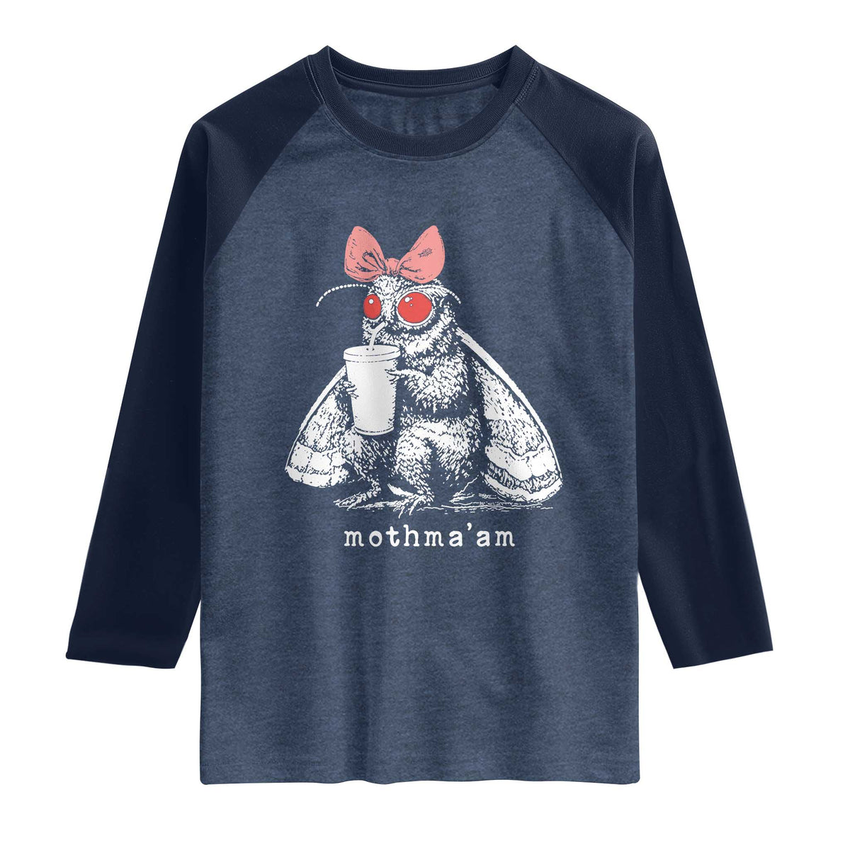 Mothma'am Pink Bow Cryptid Spooky Raglan Shirt Funny Cute Coquette Mothman Legend Graphic