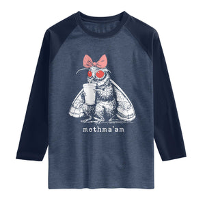Mothma'am Pink Bow Cryptid Spooky Raglan Shirt Funny Cute Coquette Mothman Legend Graphic