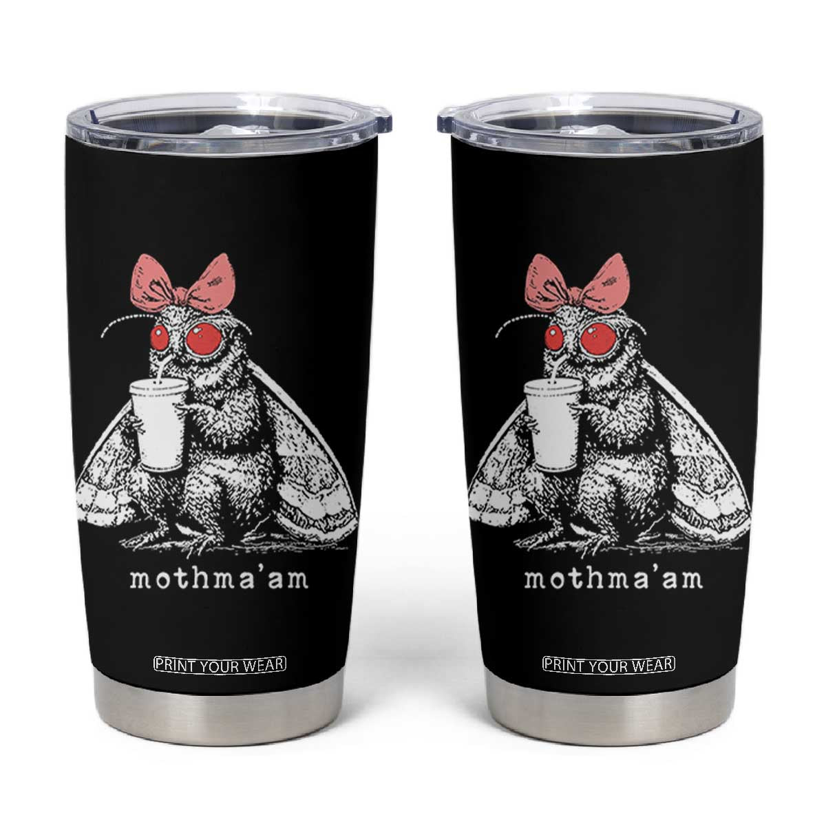 Mothma'am Pink Bow Cryptid Spooky Tumbler Cup Funny Cute Coquette Mothman Legend Graphic TS02 Black Print Your Wear