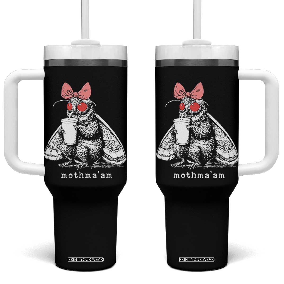 Mothma'am Pink Bow Cryptid Spooky Tumbler With Handle Funny Cute Coquette Mothman Legend Graphic