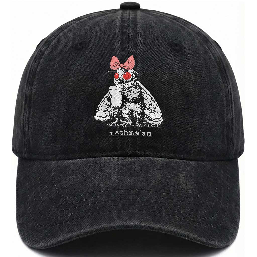 Mothma'am Pink Bow Cryptid Spooky Washed Cotton Baseball Cap Funny Cute Coquette Mothman Legend Graphic TS02 Print Your Wear