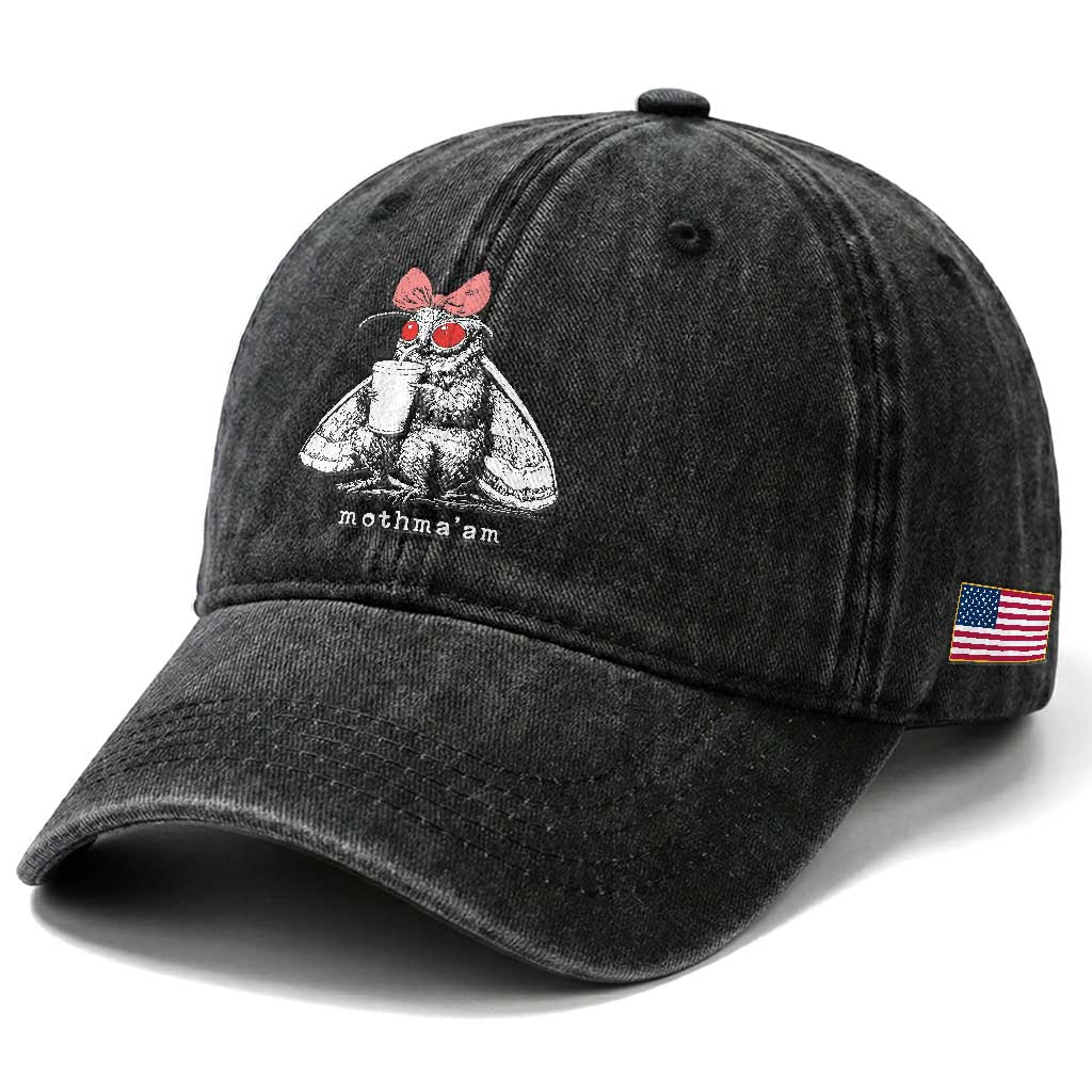 Mothma'am Pink Bow Cryptid Spooky Washed Cotton Baseball Cap Funny Cute Coquette Mothman Legend Graphic