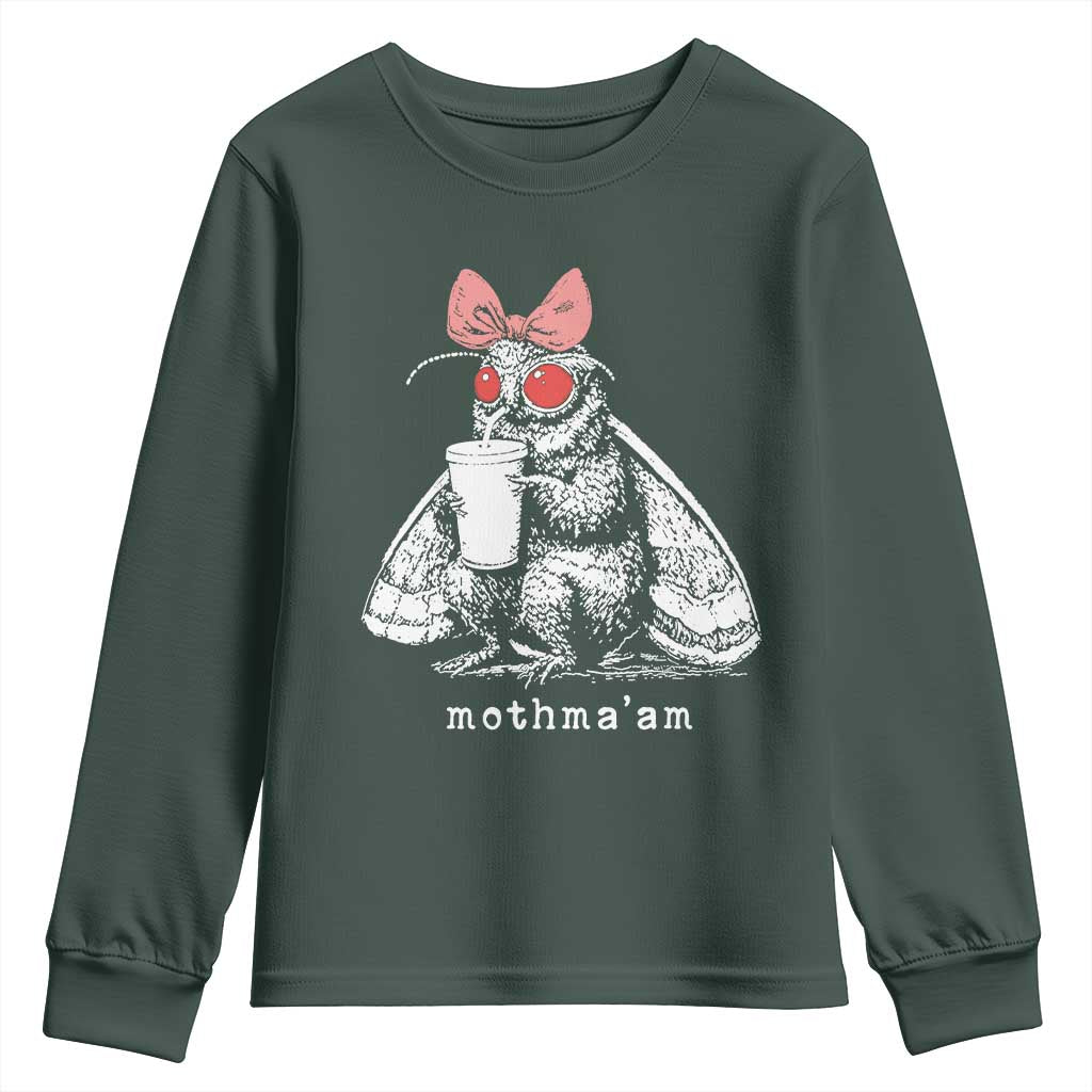 Mothma'am Pink Bow Cryptid Spooky Youth Sweatshirt Funny Cute Coquette Mothman Legend Graphic