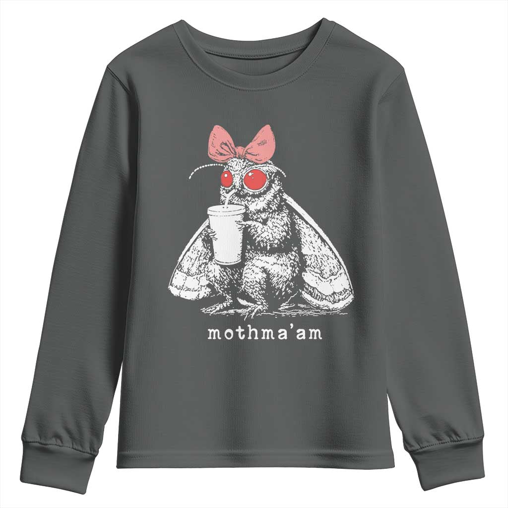 Mothma'am Pink Bow Cryptid Spooky Youth Sweatshirt Funny Cute Coquette Mothman Legend Graphic