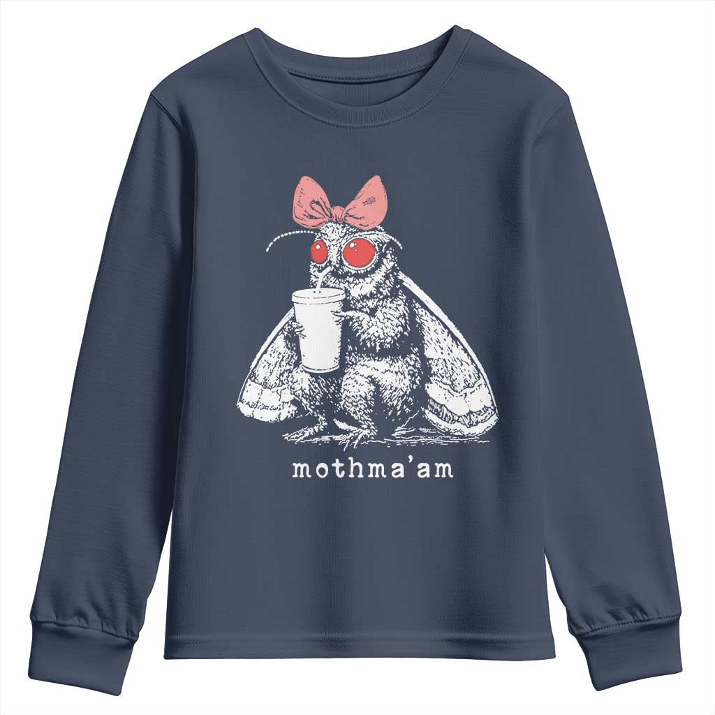 Mothma'am Pink Bow Cryptid Spooky Youth Sweatshirt Funny Cute Coquette Mothman Legend Graphic