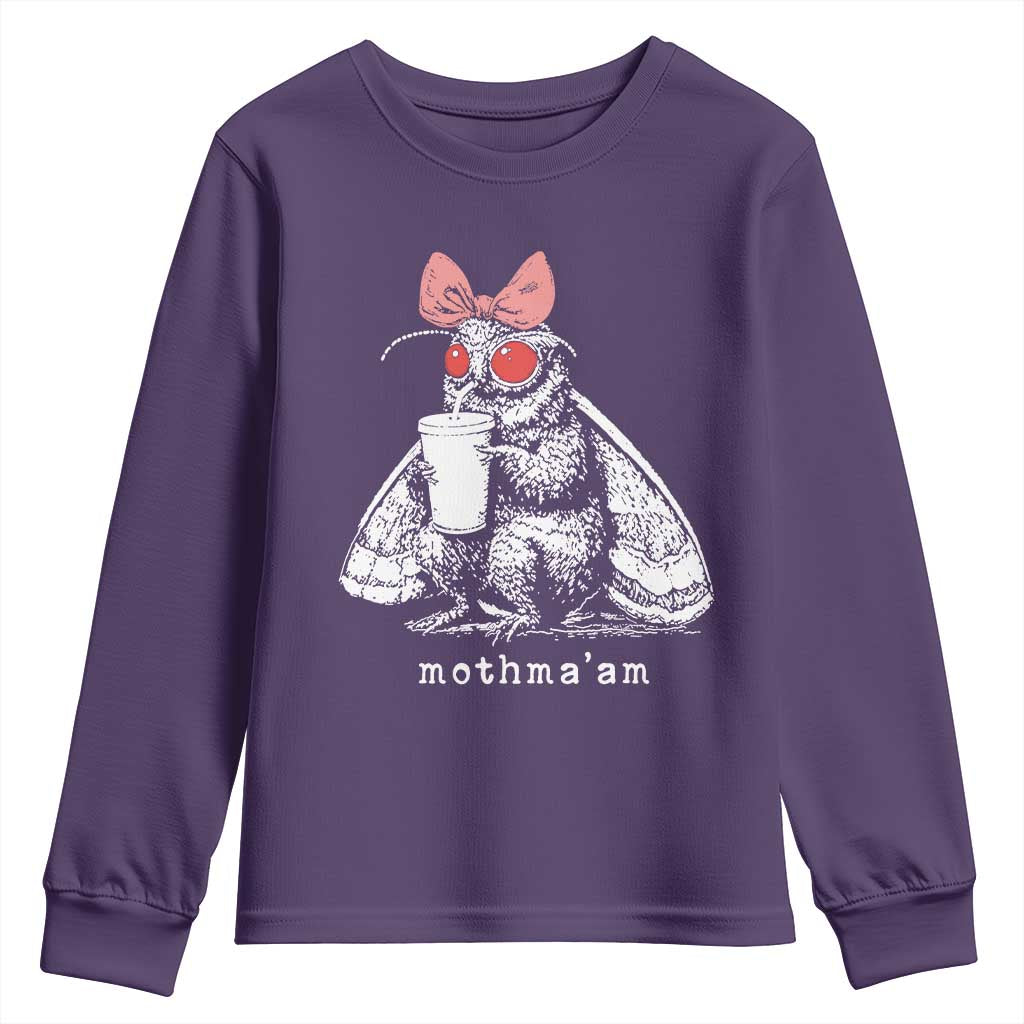 Mothma'am Pink Bow Cryptid Spooky Youth Sweatshirt Funny Cute Coquette Mothman Legend Graphic