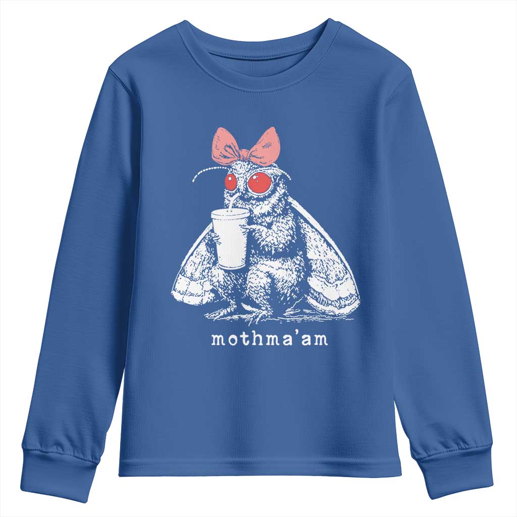 Mothma'am Pink Bow Cryptid Spooky Youth Sweatshirt Funny Cute Coquette Mothman Legend Graphic