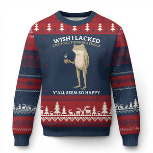 Funny Sarcastic Frog Drinking Coffee Meme Ugly Christmas Sweater Wish I Lacked Critical Thinking Skills Y'all Seem So Happy Retro Vintage
