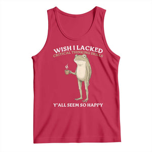 Funny Sarcastic Frog Drinking Coffee Meme Tank Top Wish I Lacked Critical Thinking Skills Y'all Seem So Happy Retro Vintage