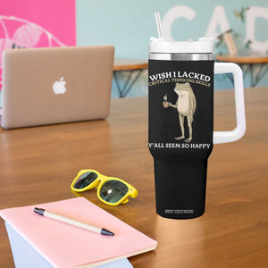 Funny Sarcastic Frog Drinking Coffee Meme Tumbler With Handle Wish I Lacked Critical Thinking Skills Y'all Seem So Happy Retro Vintage