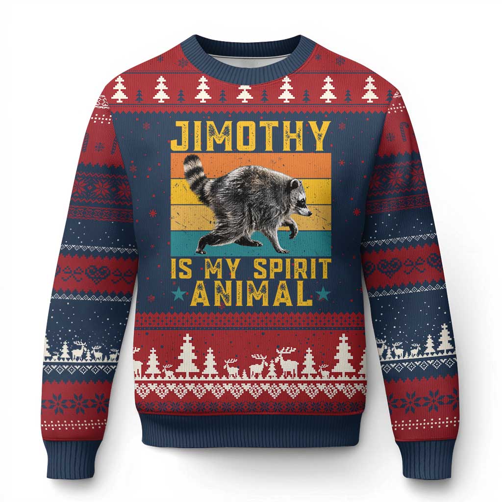Jimothy Is My Spirit Animal Seattle Raccoon Lover Ugly Christmas Sweater Retro Sunset Viral Ballard Trash Panda Graphic TS02 Navy Red Print Your Wear