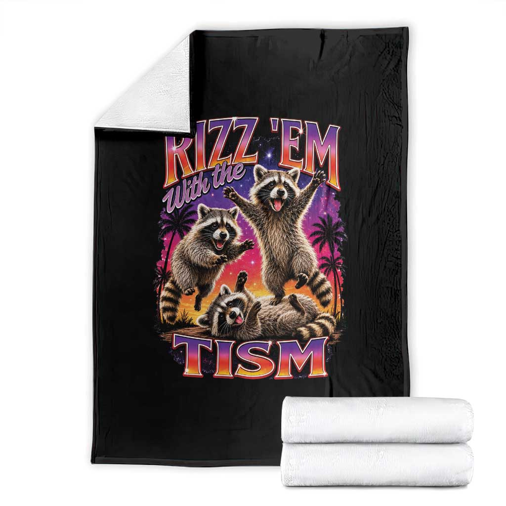 Rizz Em With The Tism Funny Raccoon Throw Blanket Trash Panda Vintage Bootleg Graphic TS02 Black Print Your Wear