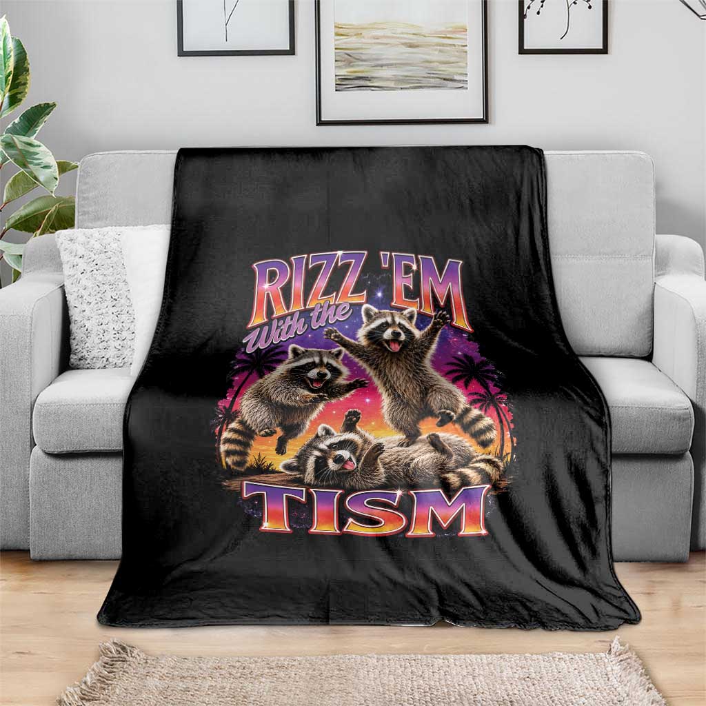 Rizz Em With The Tism Funny Raccoon Throw Blanket Trash Panda Vintage Bootleg Graphic