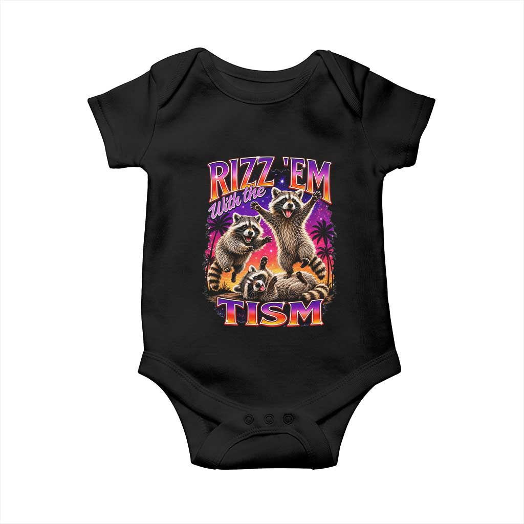 Rizz Em With The Tism Funny Raccoon Baby Onesie Trash Panda Vintage Bootleg Graphic TS02 Black Print Your Wear