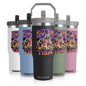 Rizz Em With The Tism Funny Raccoon Flip Straw Tumbler Trash Panda Vintage Bootleg Graphic