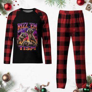 Rizz Em With The Tism Funny Raccoon Plaid Pajama Set Trash Panda Vintage Bootleg Graphic