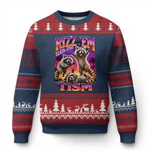 Rizz Em With The Tism Funny Raccoon Ugly Christmas Sweater Trash Panda Vintage Bootleg Graphic