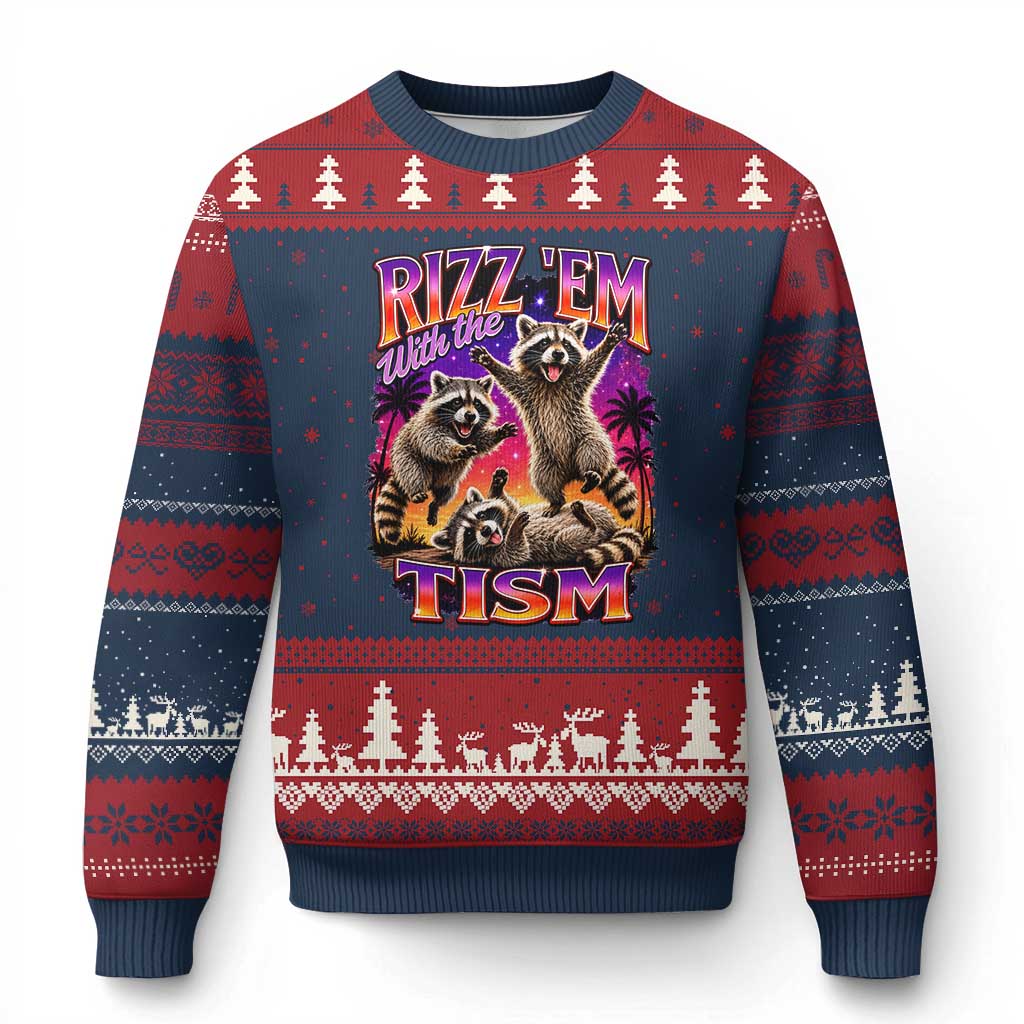 Rizz Em With The Tism Funny Raccoon Ugly Christmas Sweater Trash Panda Vintage Bootleg Graphic TS02 Navy Red Print Your Wear
